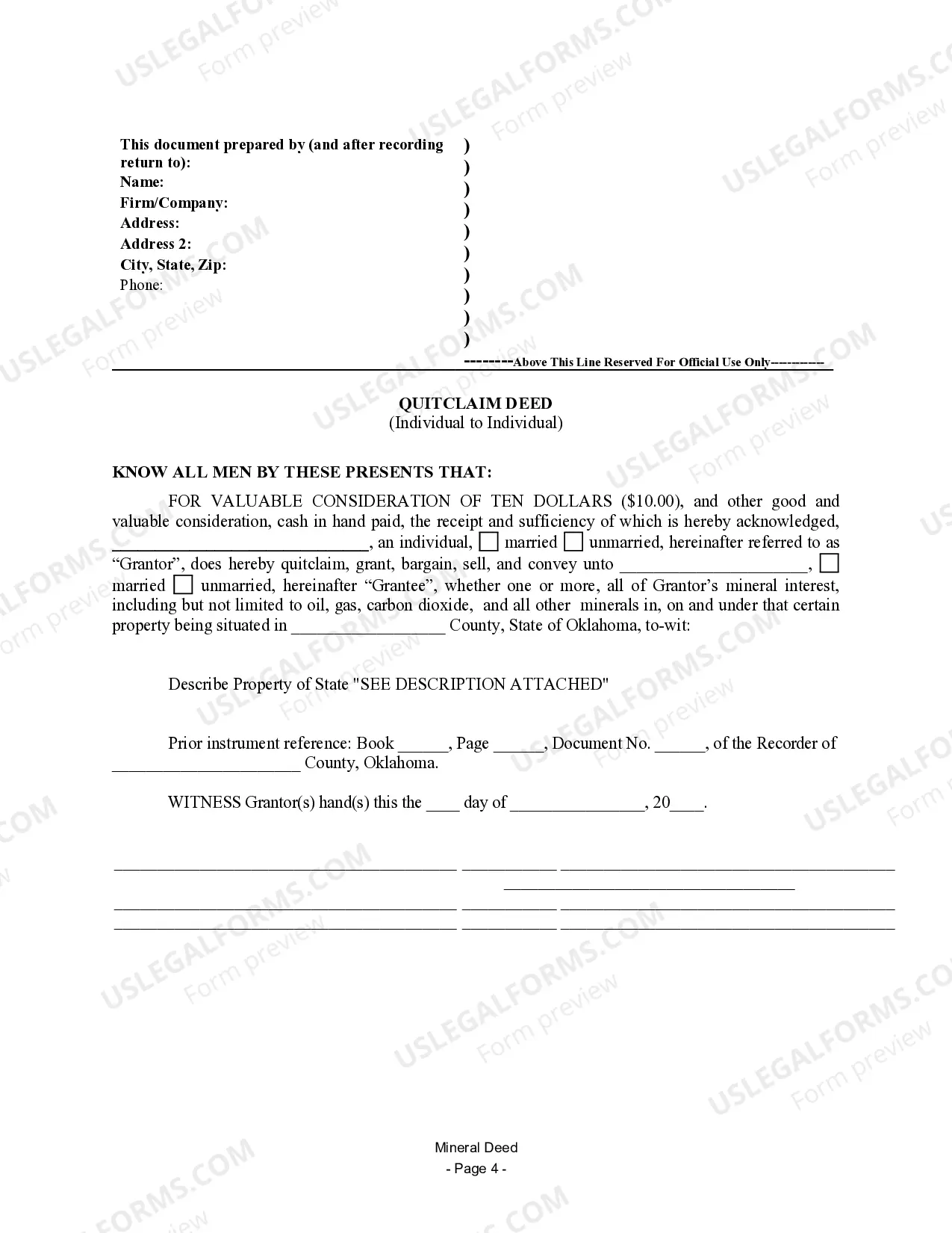 Preview Quitclaim Mineral Deed for Individual to Individual