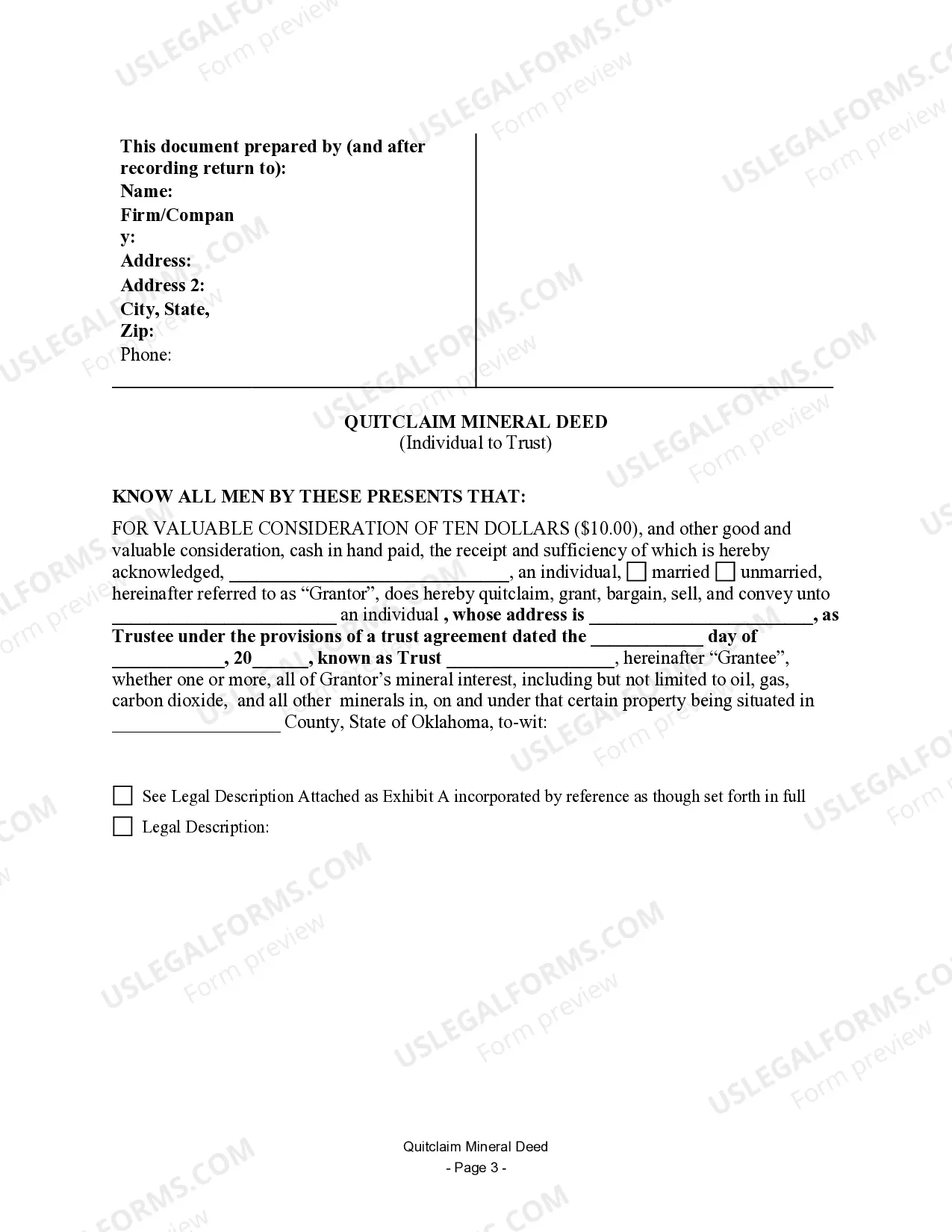 Preview Quitclaim Mineral Deed - Individual to a Trust