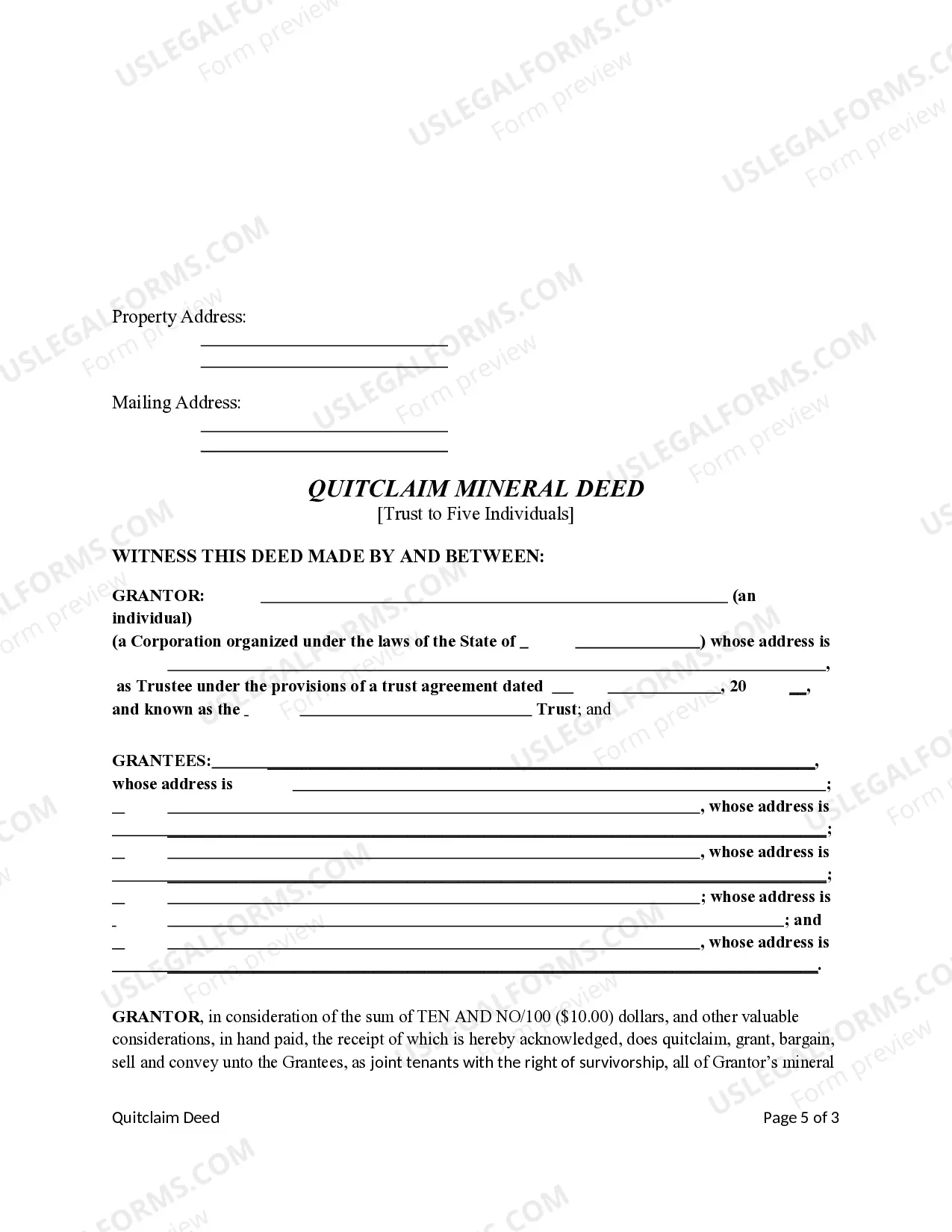 Preview Quitclaim Oil, Gas and Mineral Deed - Trust to Five Individuals