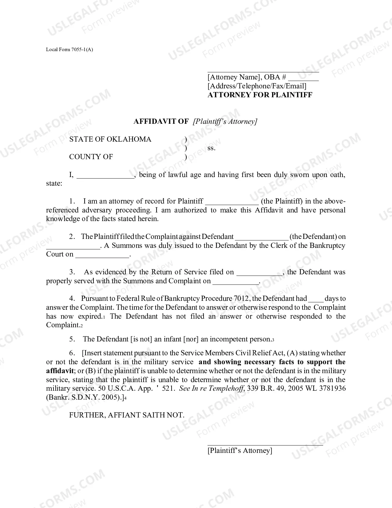 Preview Local Form 7055-1(A) Request for Entry of Default by Clerk