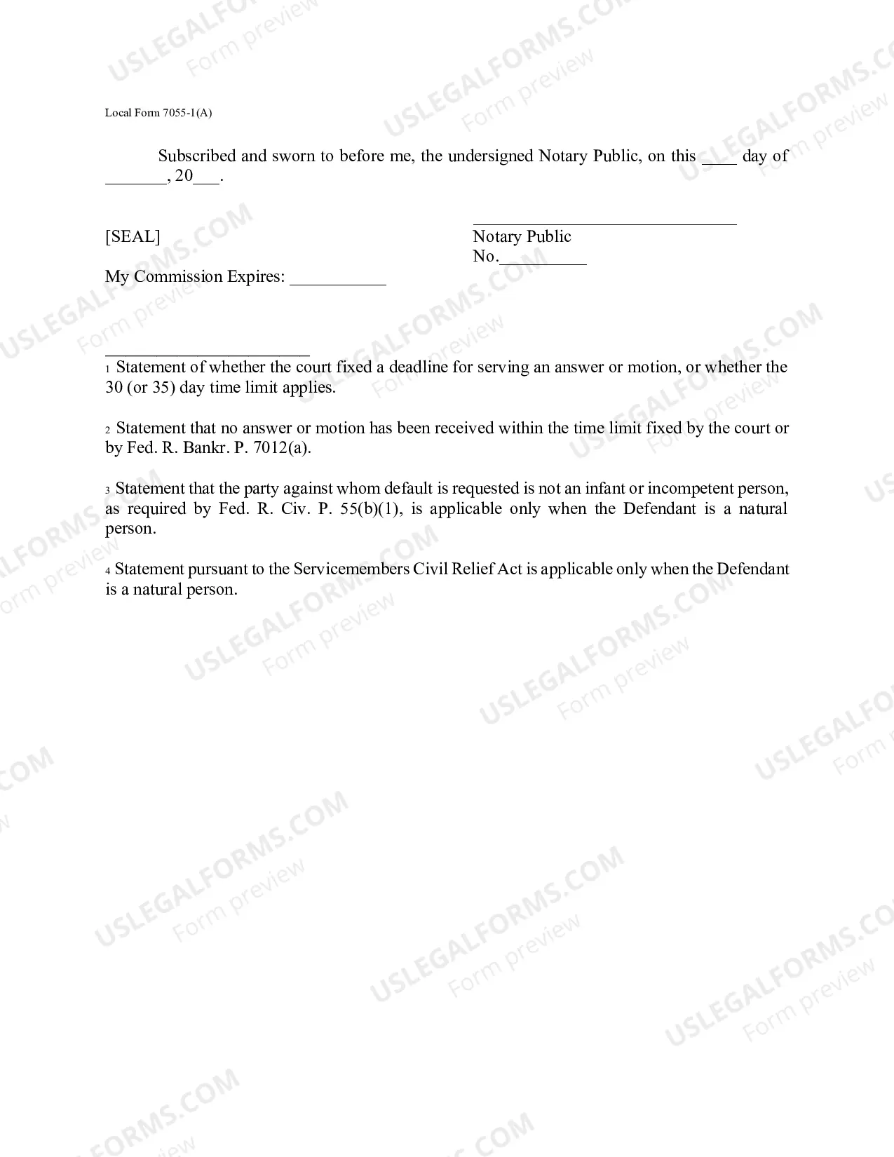 Preview Local Form 7055-1(A) Request for Entry of Default by Clerk