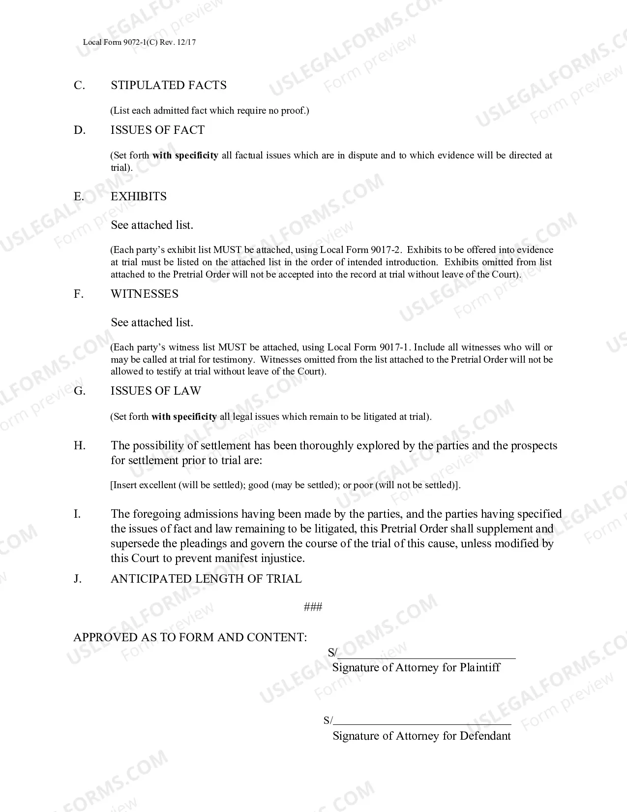 Preview Local Form 9072-1(C) Pretrial Order