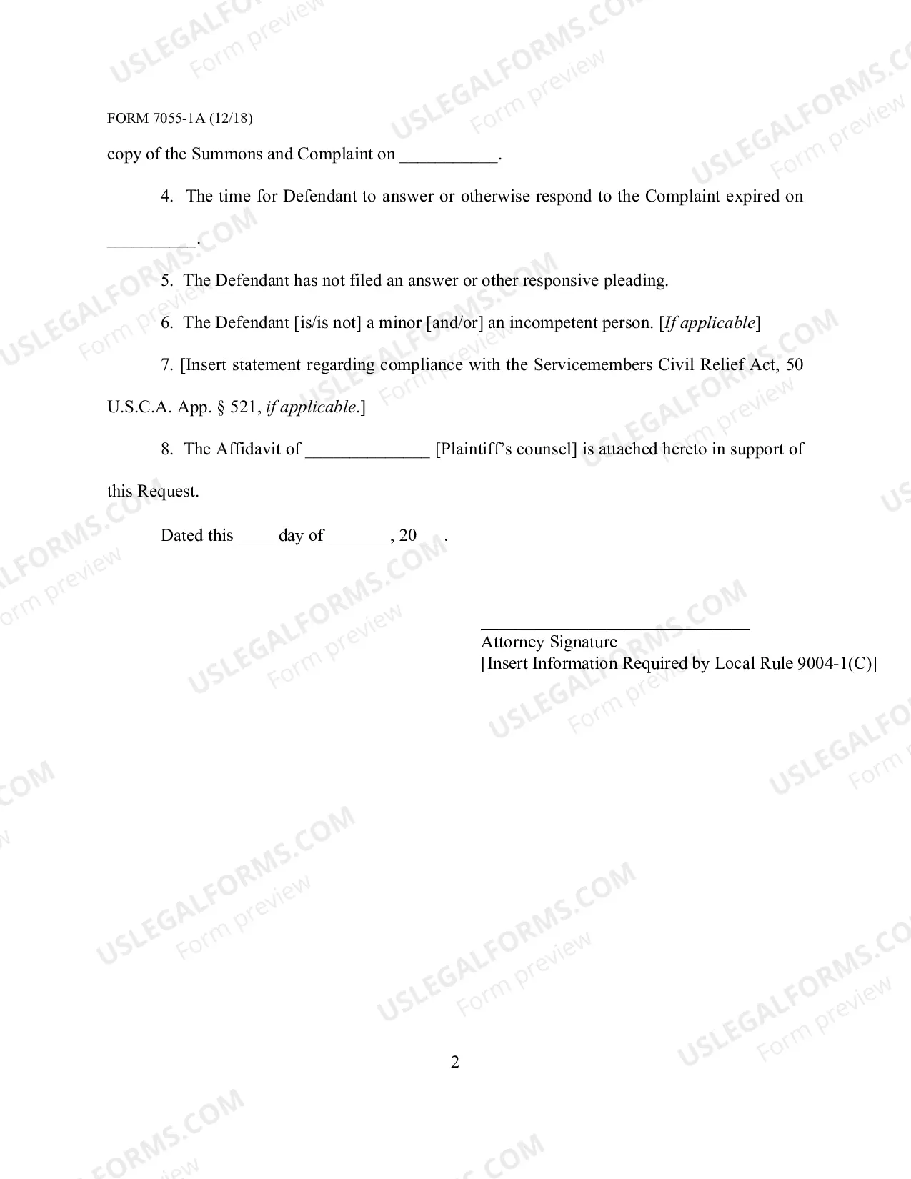 Preview Local Form 7055-1A Request for Entry of Default by the Clerk