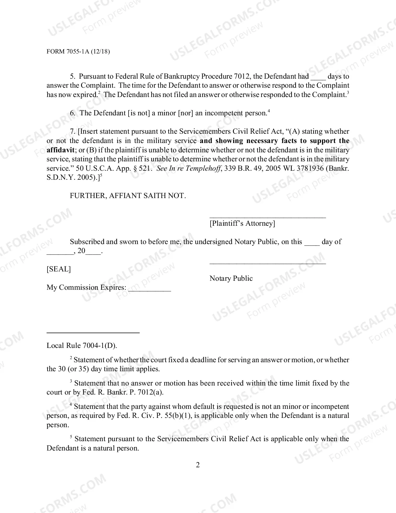 Preview Local Form 7055-1A Request for Entry of Default by the Clerk