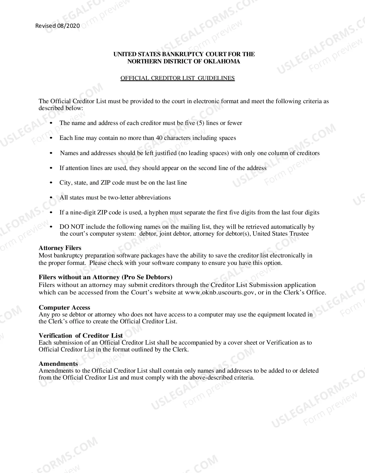 Preview Verification as to Official Creditor List