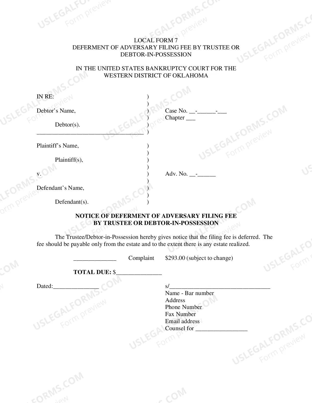 Preview Deferment of Adversary Filing Fee by Trustree or Debtor-in-Possession
