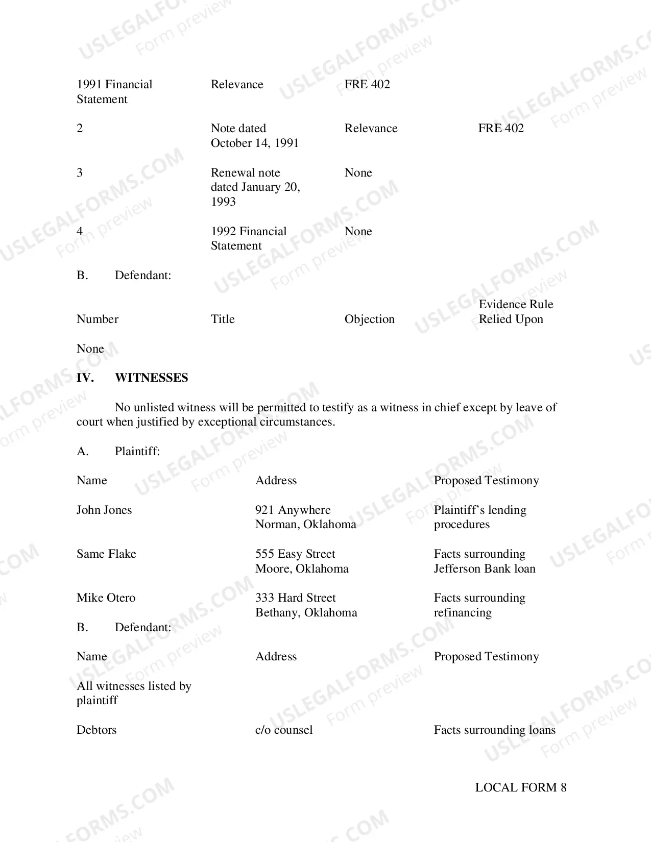 Preview Sample Pre-Trial Order