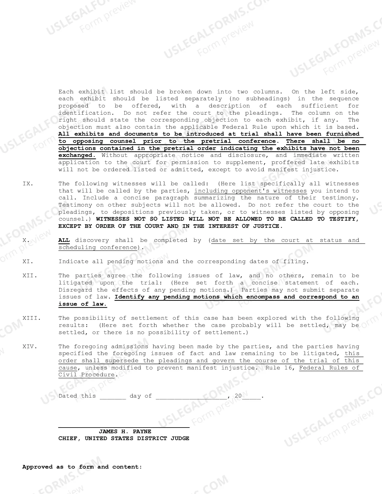 Preview Pretrial Order Form - Judge Payne