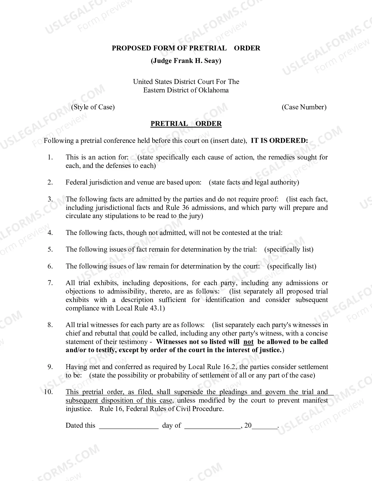 Preview Pretrial Order Form - Judge Seay