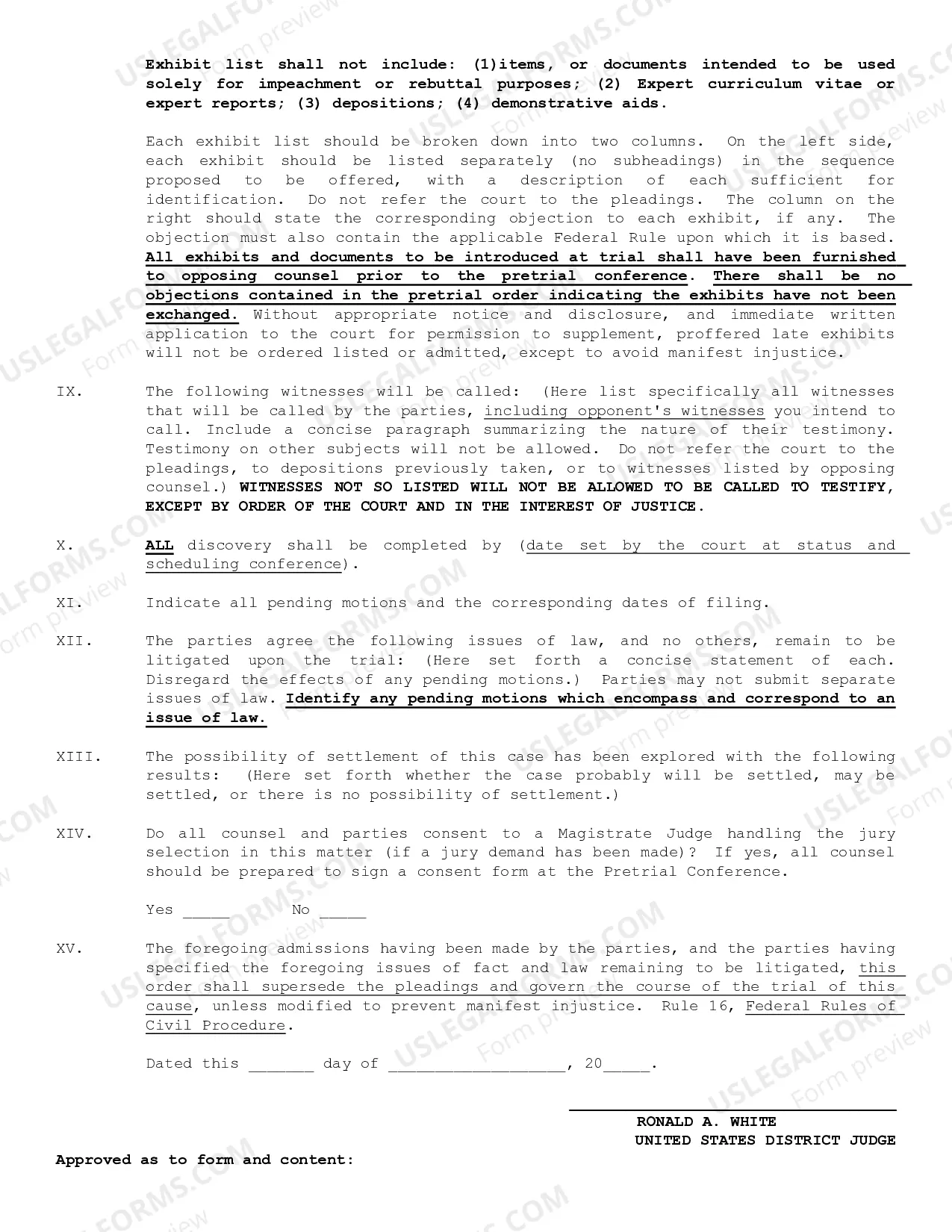 Preview Pretrial Order Form - Judge White