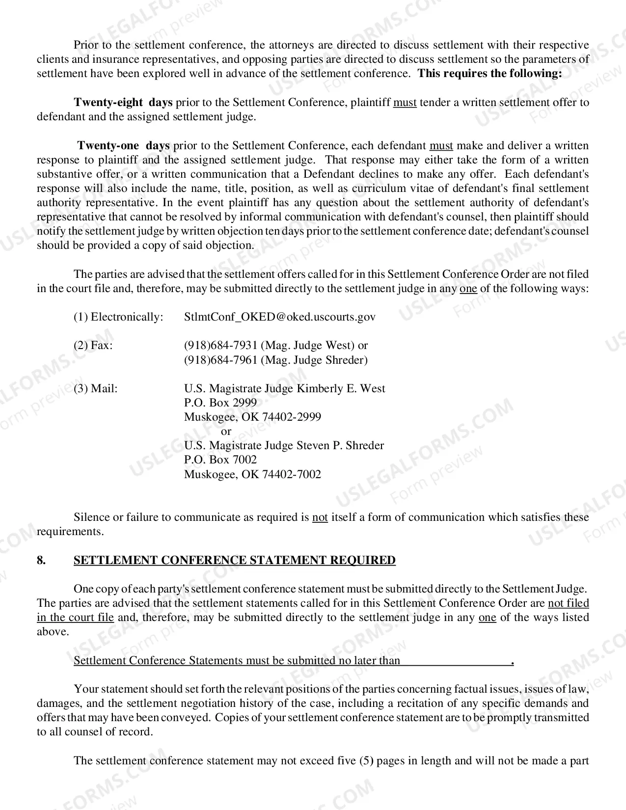Preview Settlement conference Order (BLANK)