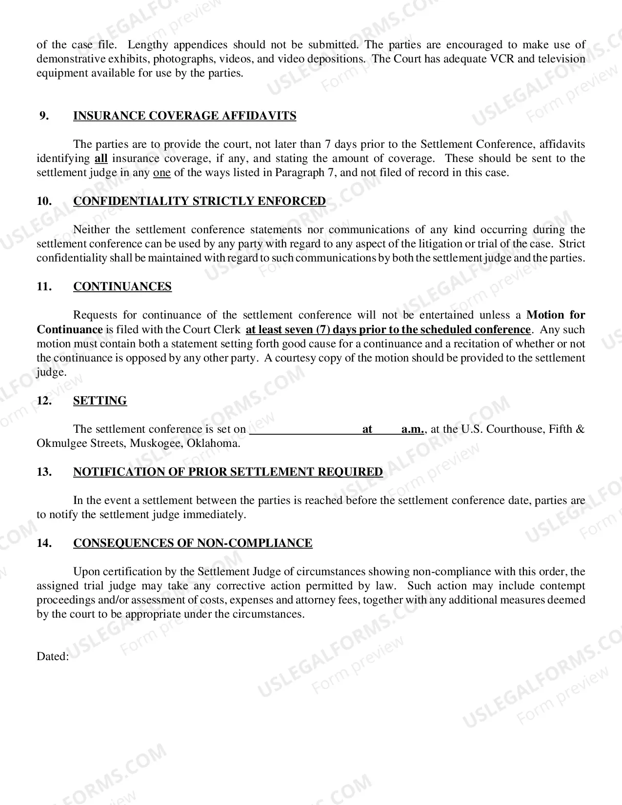 Preview Settlement conference Order (BLANK)