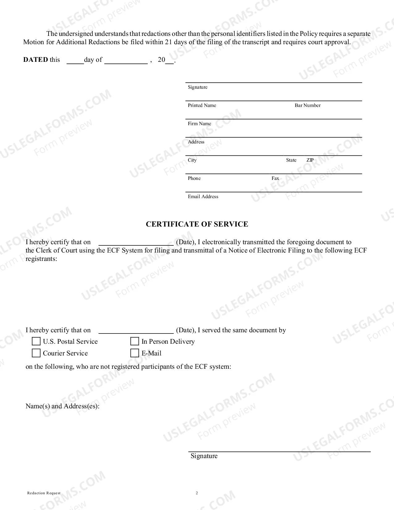 Preview Transcript Redaction Request