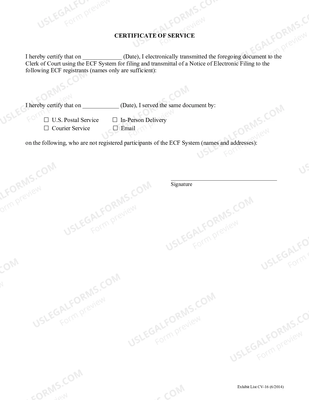 Preview Exhibit List (CV-16)