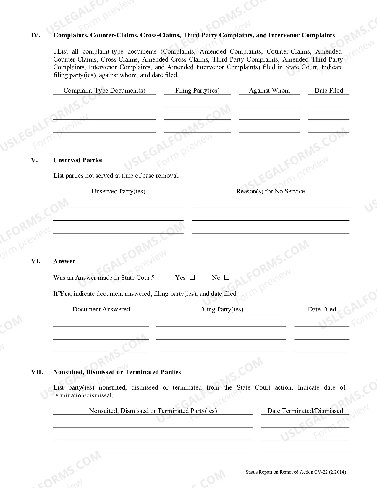 Preview Status Report on Removed Action (CV-22)