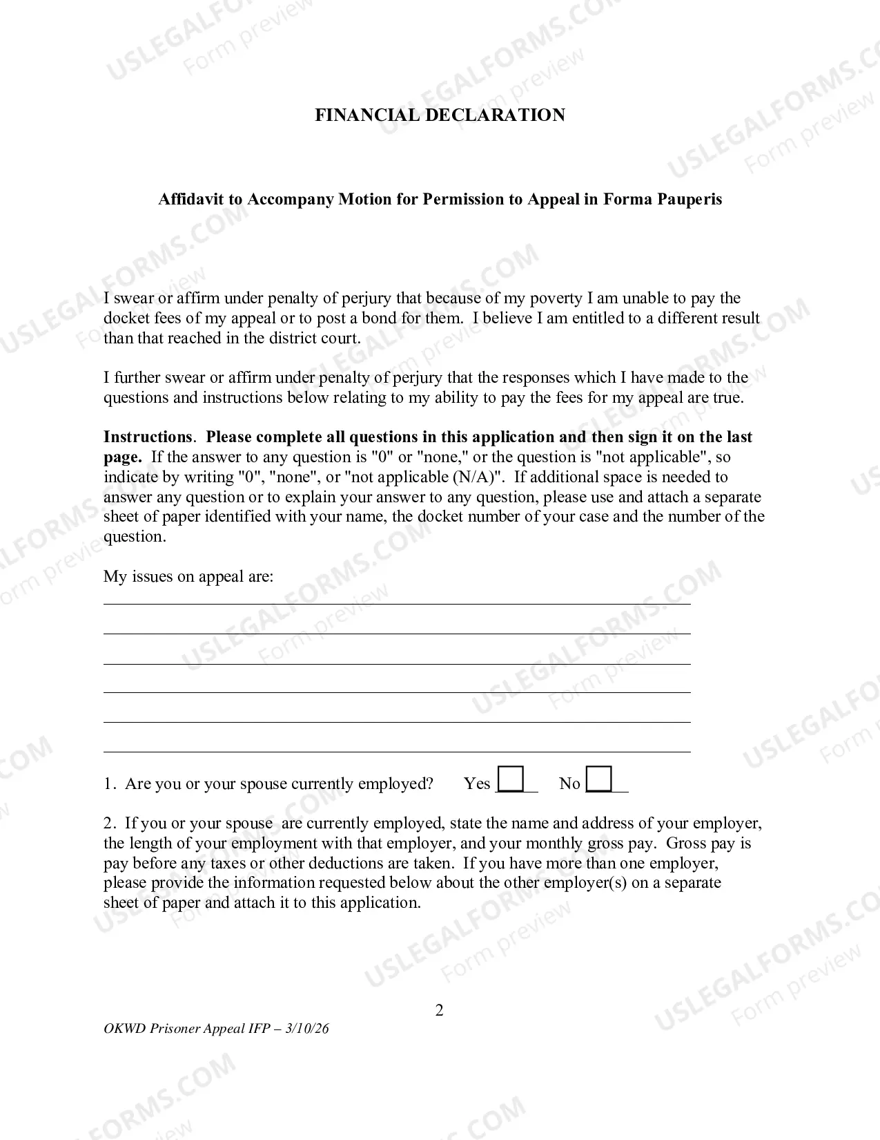 Preview Application to Appeal Without Prepaying Fees and Costs (Prisoner)(Use only for Prisoner Appeal)