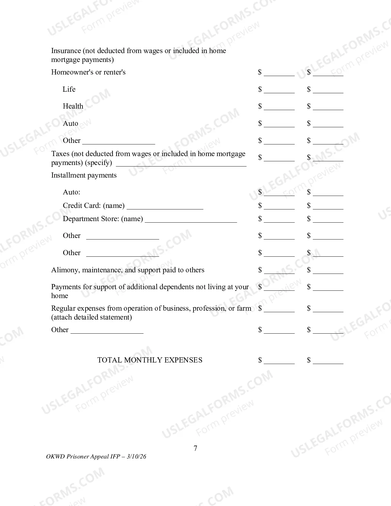 Preview Application to Appeal Without Prepaying Fees and Costs (Prisoner)(Use only for Prisoner Appeal)