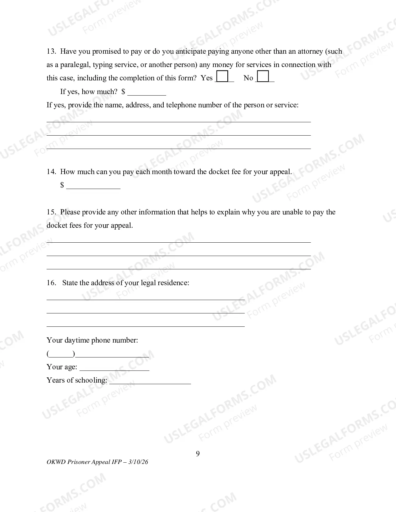 Preview Application to Appeal Without Prepaying Fees and Costs (Prisoner)(Use only for Prisoner Appeal)