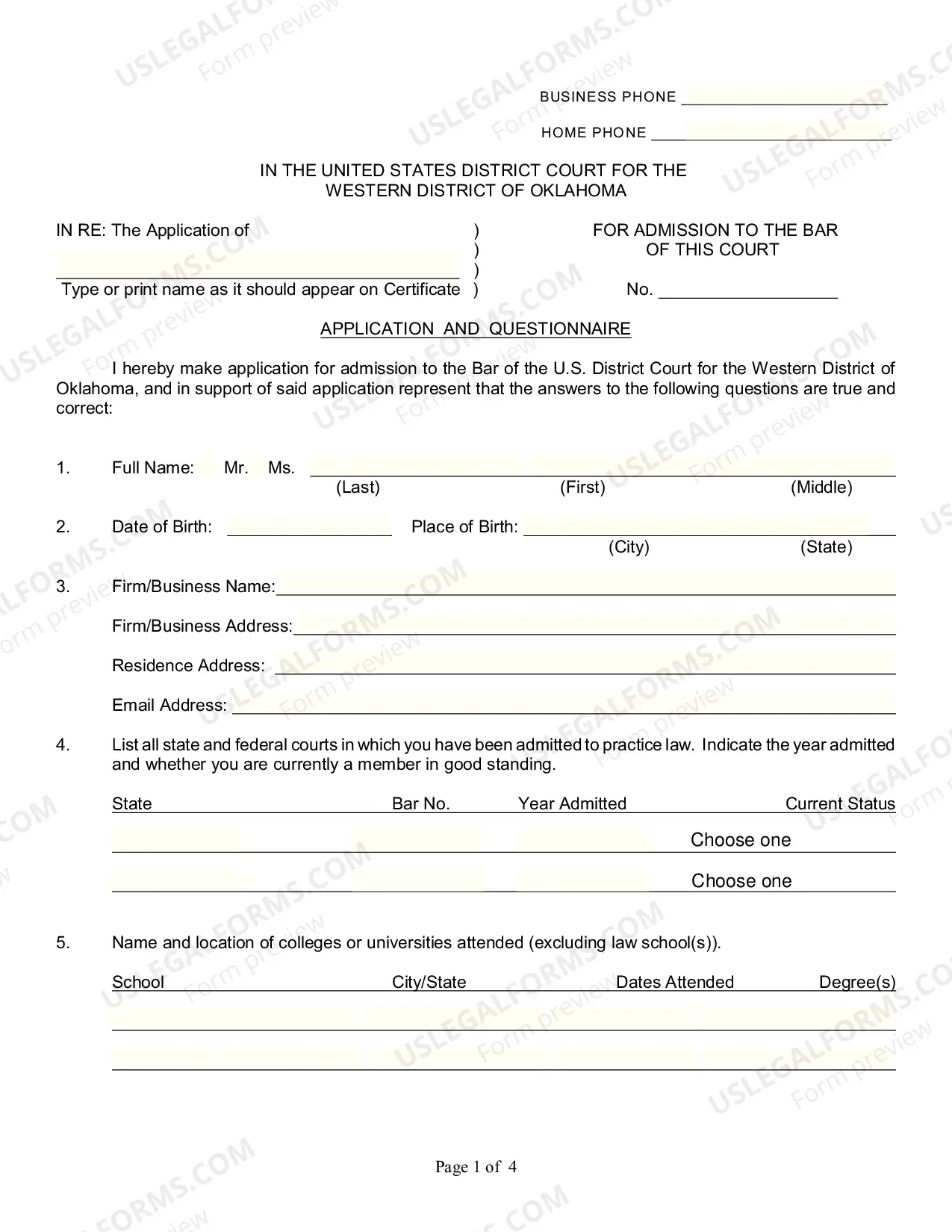 Preview Attorney Admissions and Application Form