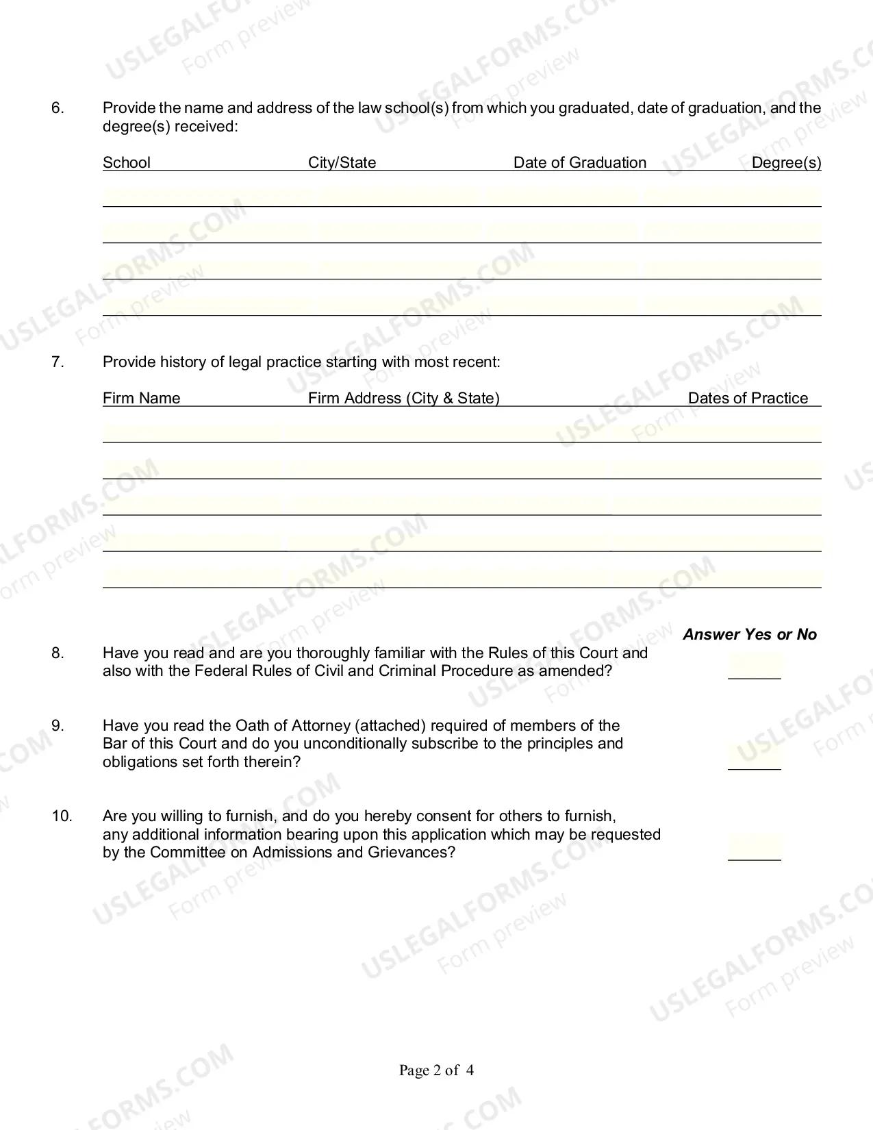 Preview Attorney Admissions and Application Form