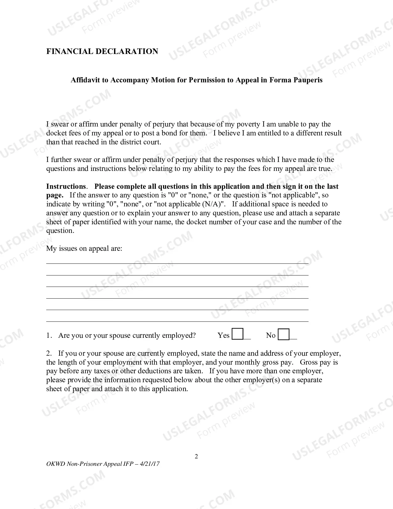 Preview Application to Proceed Without Prepaying Fees or Costs(Non - Prisoner)
