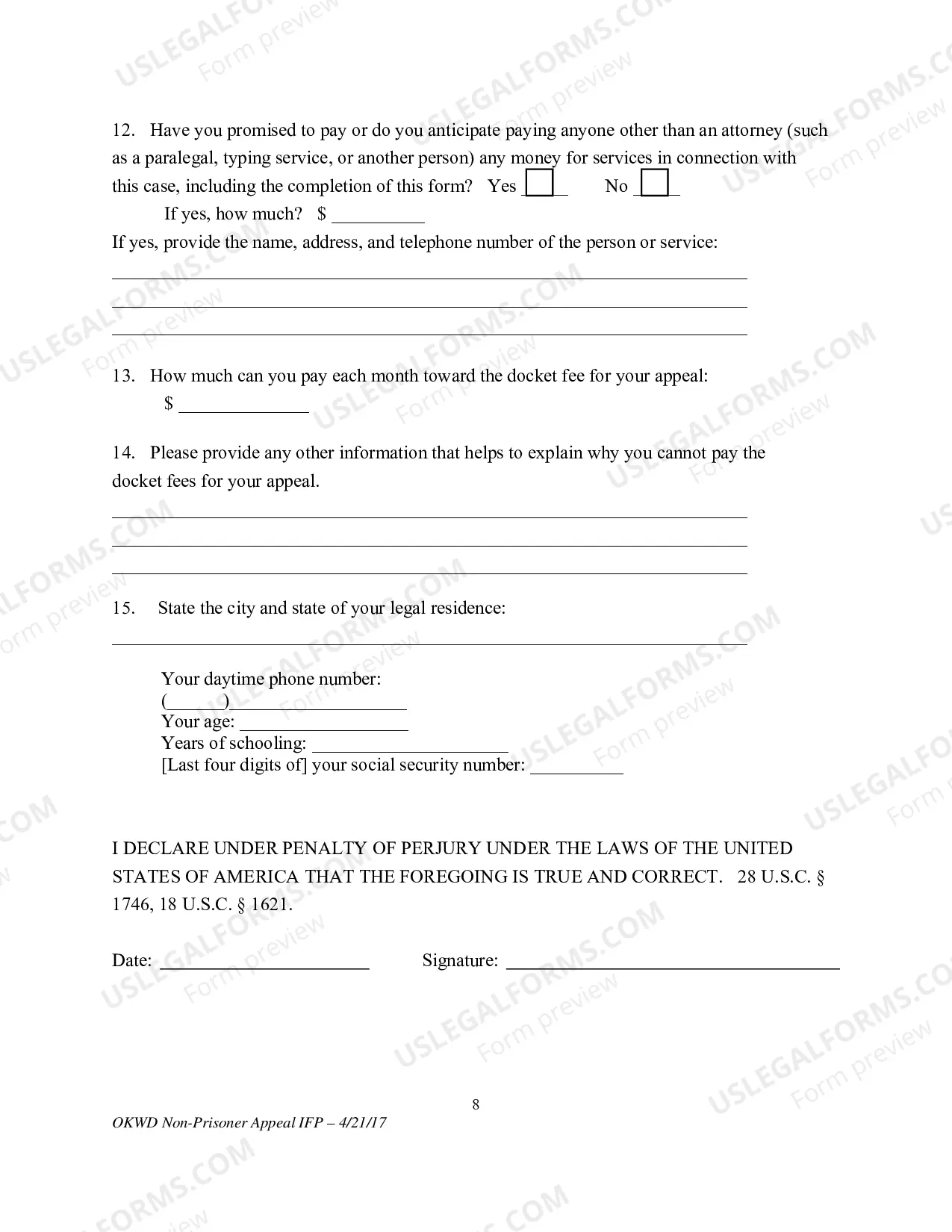 Preview Application to Proceed Without Prepaying Fees or Costs(Non - Prisoner)