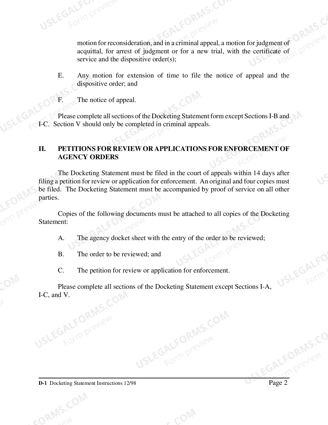 Preview Docketing Statement Instructions