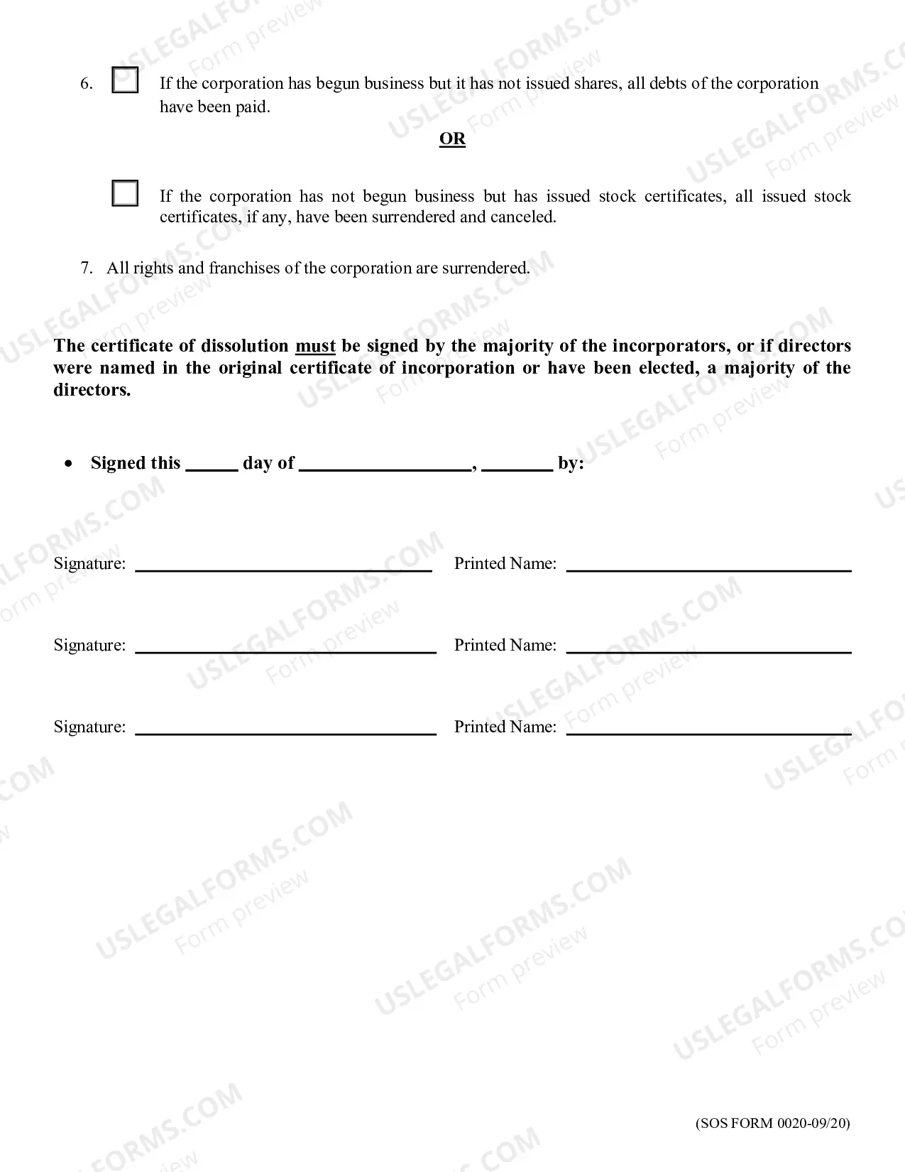 Preview Certificate of Dissolution, before beginning business (profit)