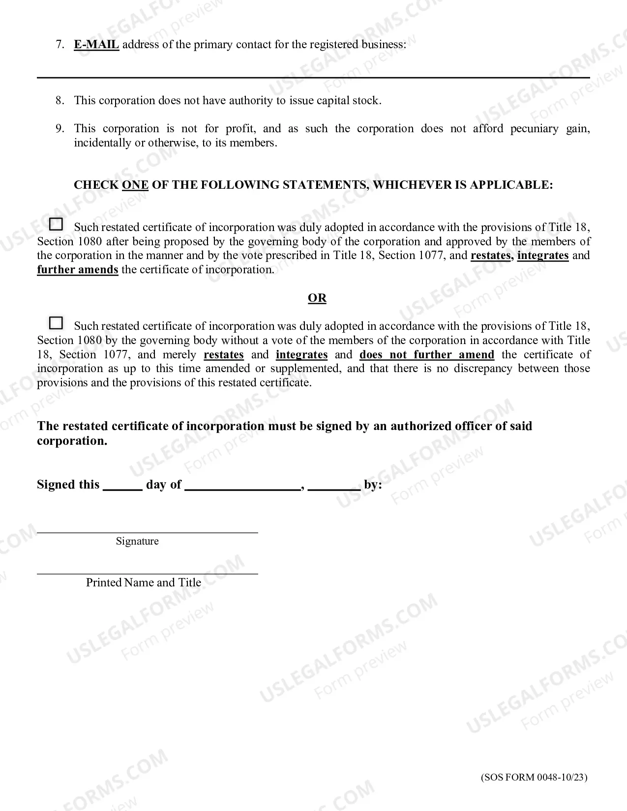 Preview Restated Certificate of Incorporation Form (not for profit)