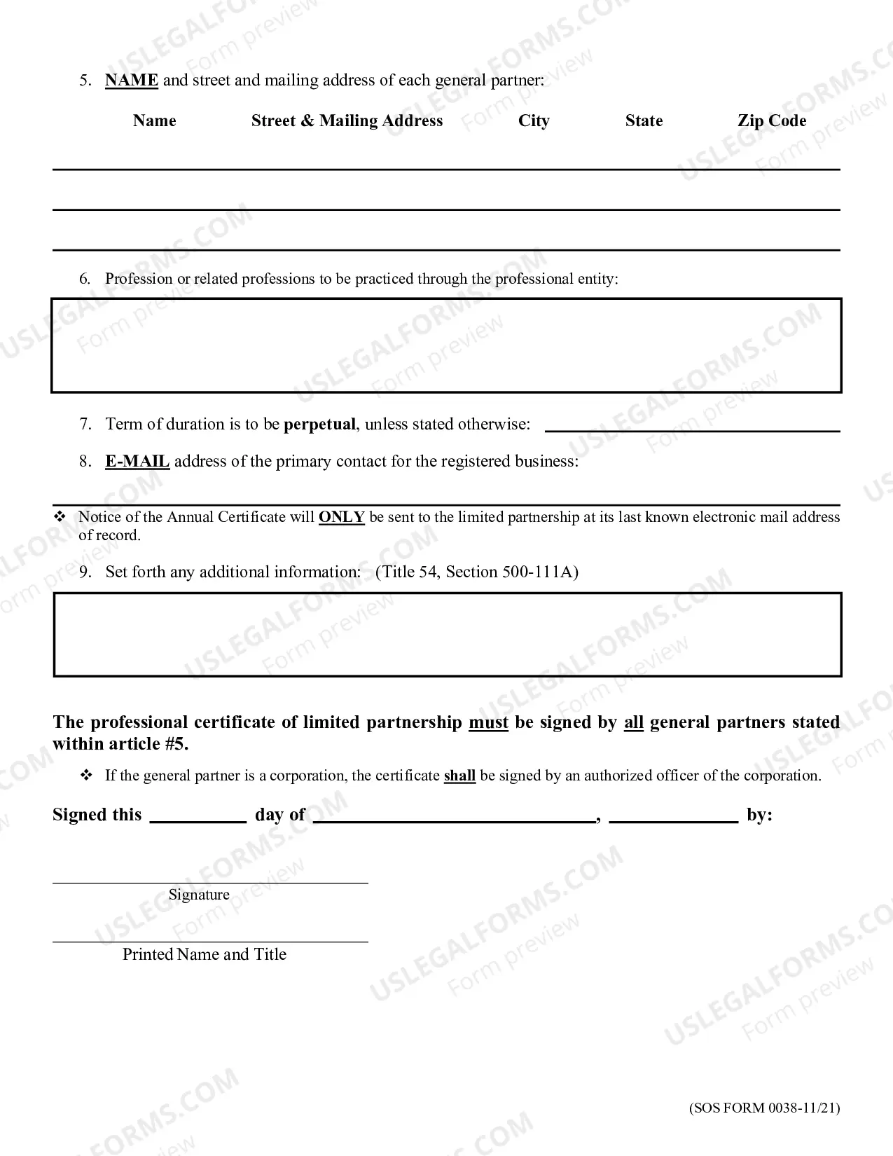 Preview Certificate of Limited Partnership Form (Professional)