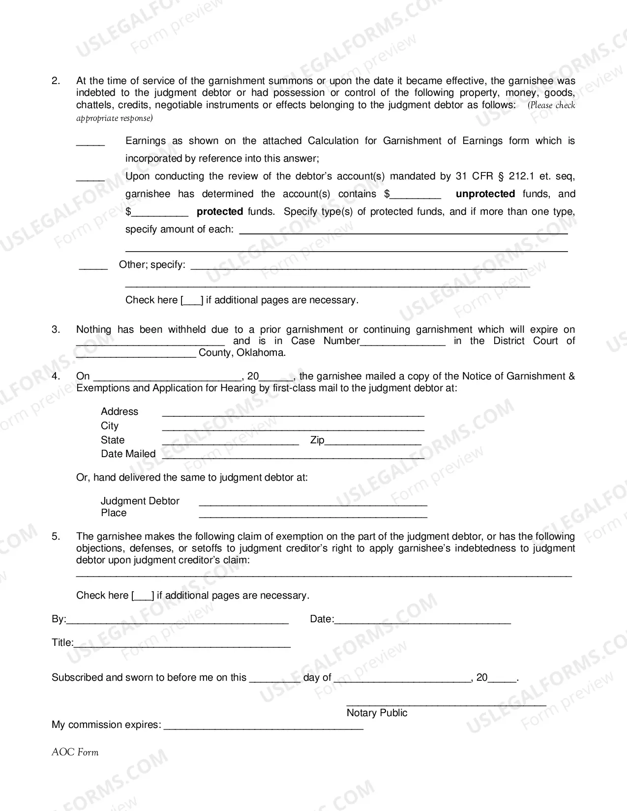 Preview Noncontinuing & General Garnishee's Answer/Affidavit; Calculation for Non-continuing Garnishment of Earnings