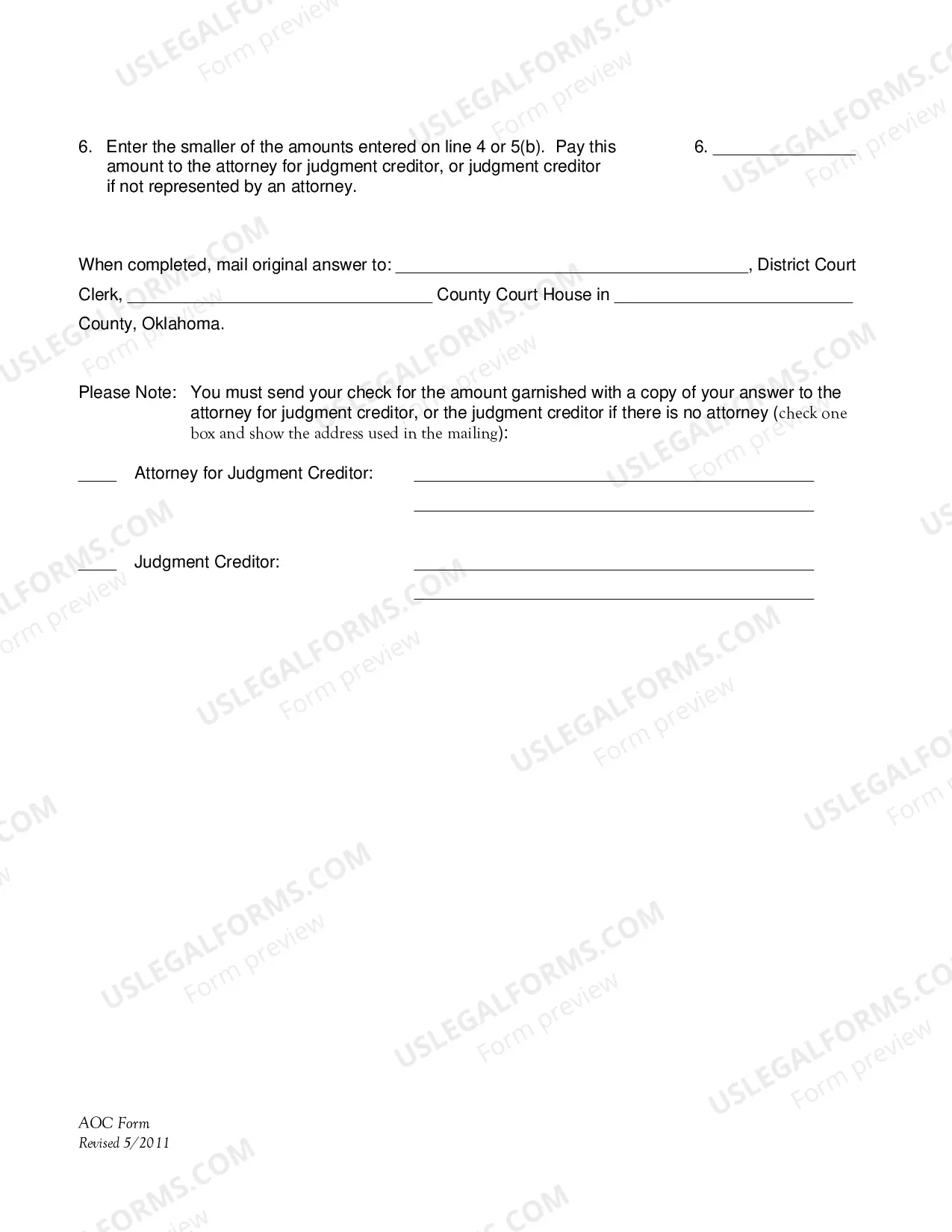 Preview Noncontinuing & General Garnishee's Answer/Affidavit; Calculation for Non-continuing Garnishment of Earnings