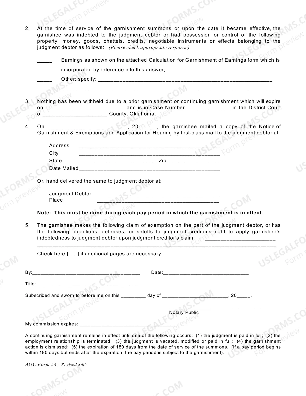 Preview Continuing Garnishee's Answer/Affidavit; Calculation for Continuing Garnishment of Earnings