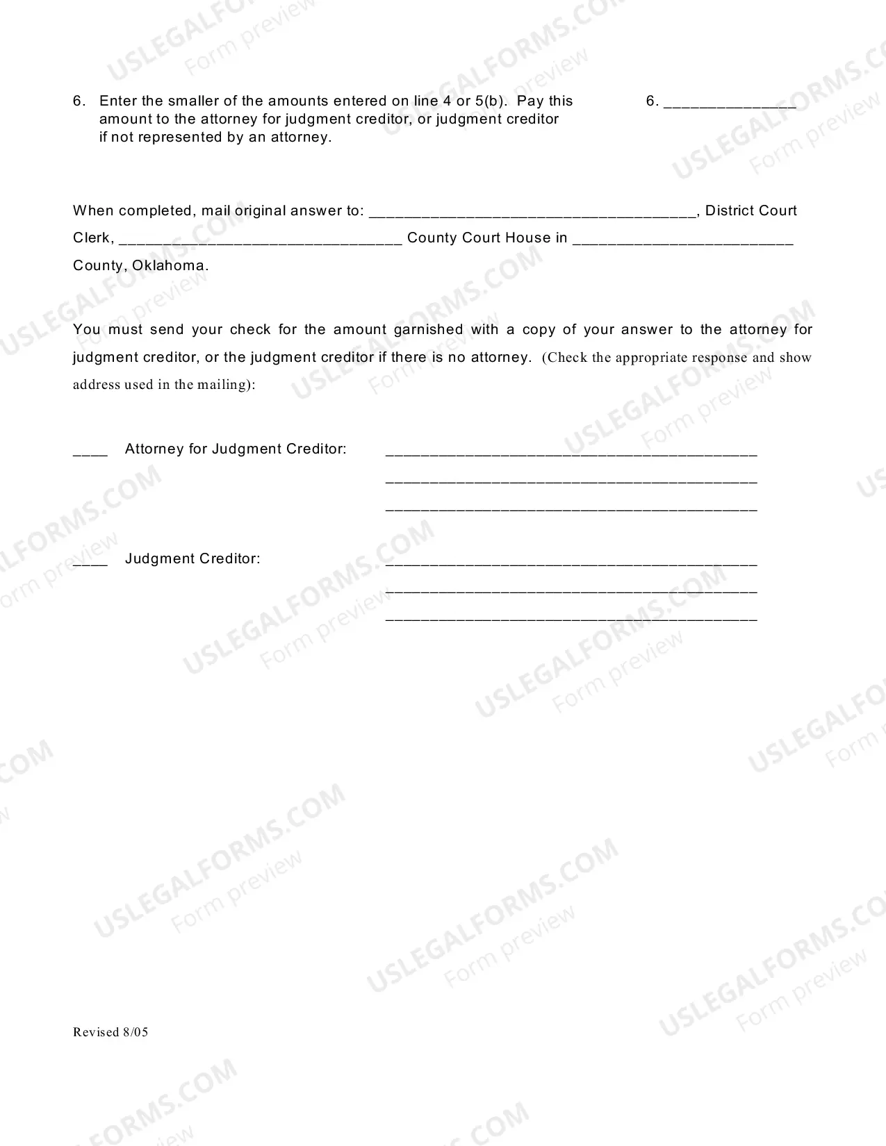 Preview Continuing Garnishee's Answer/Affidavit; Calculation for Continuing Garnishment of Earnings