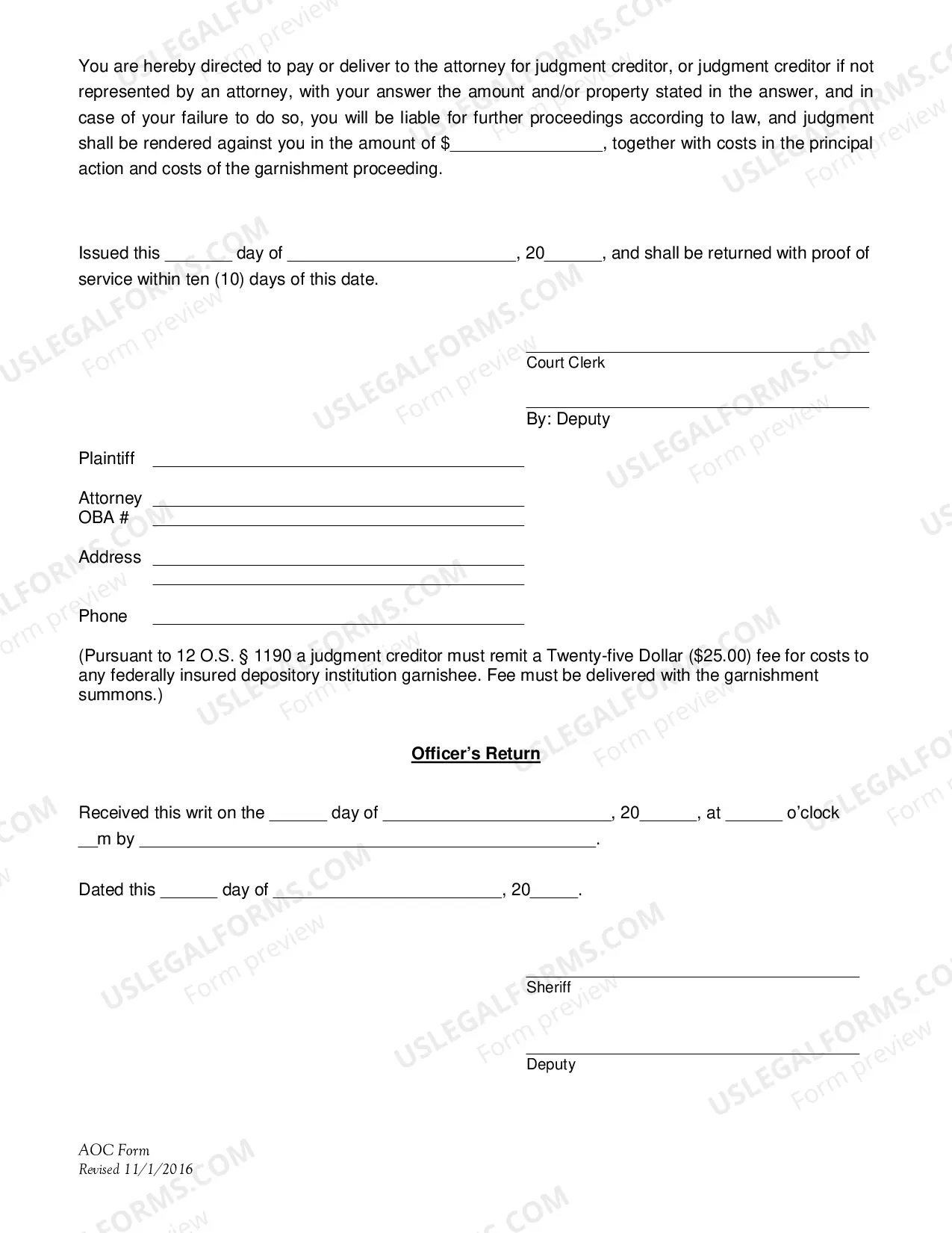 Preview Postjudgment General Garnishment Summons (Effective 11/01/2016)