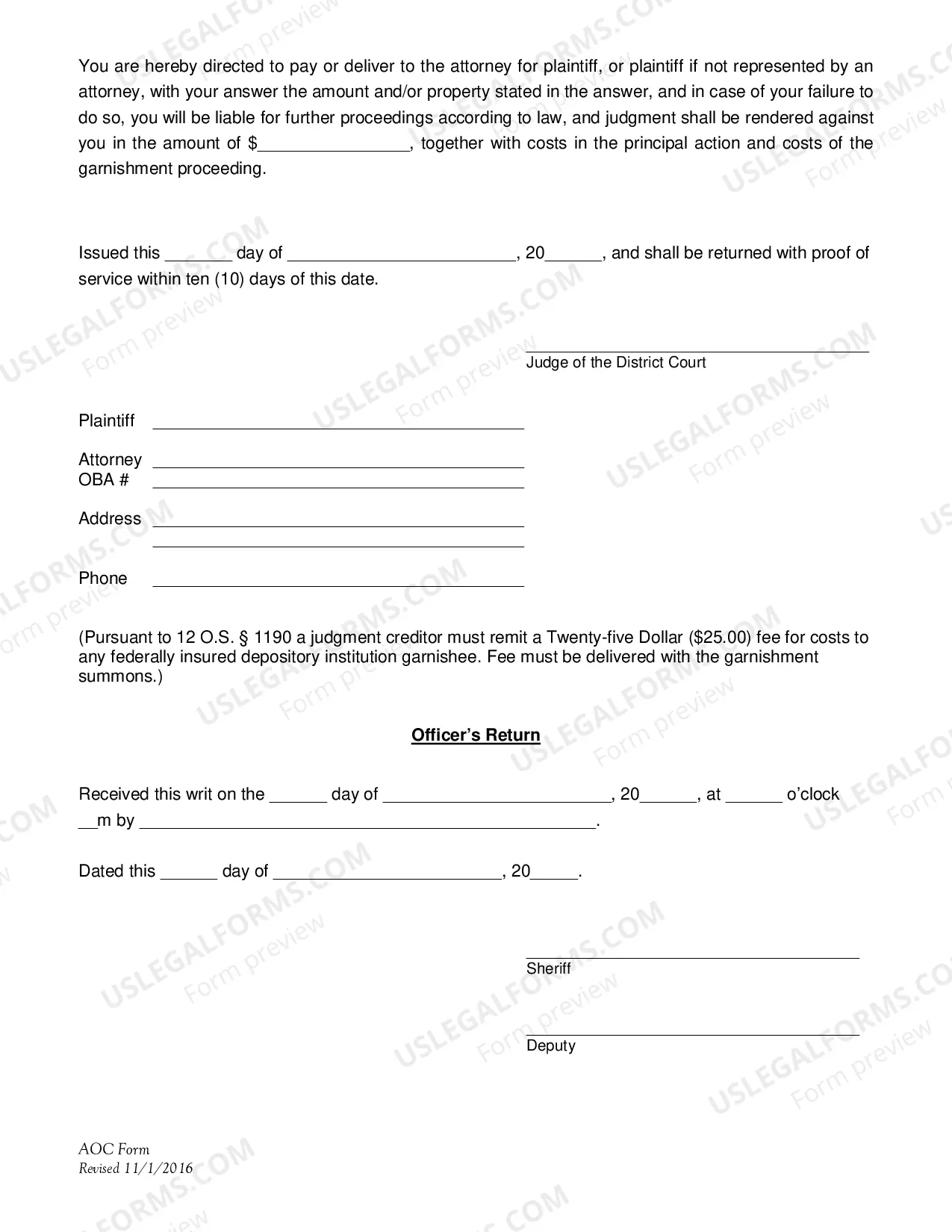 Preview Prejudgment General Garnishment Summons (Effective 11/01/2016)