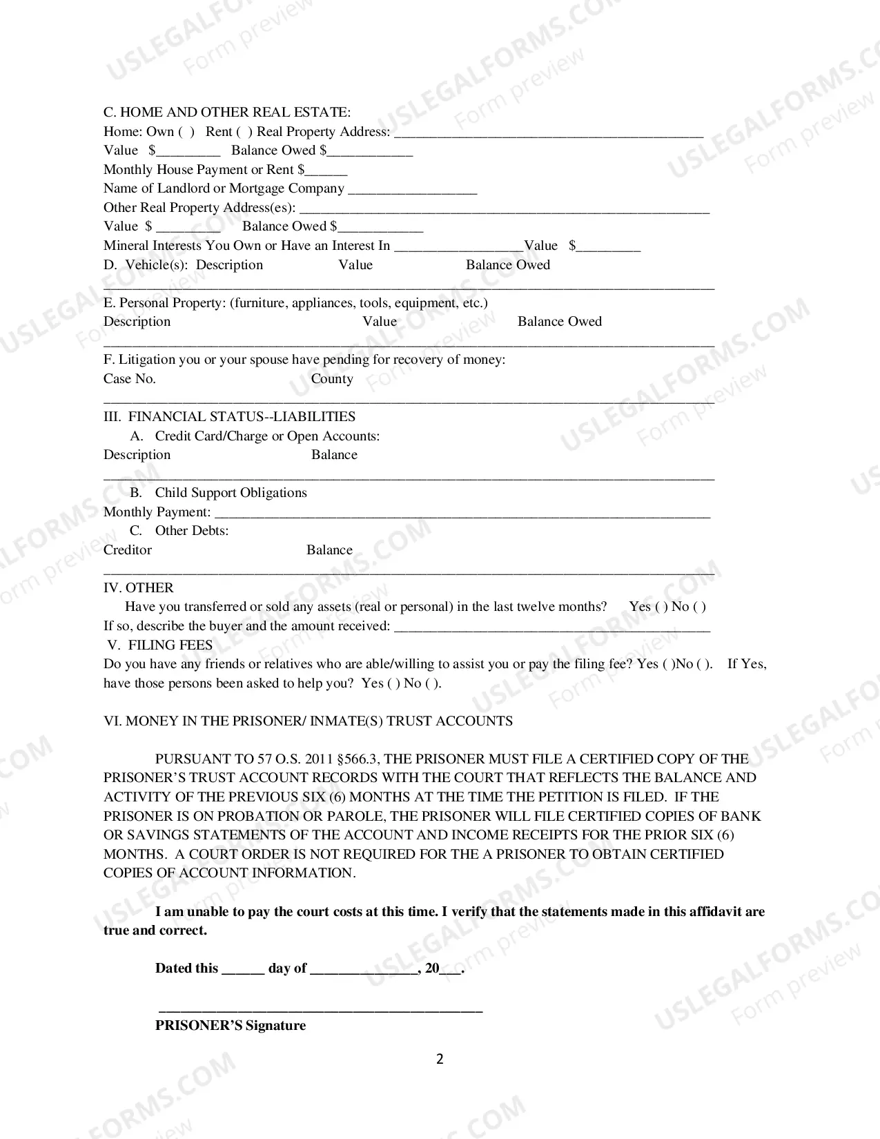 Preview Prisoner's Affidavit of Inability to Pay