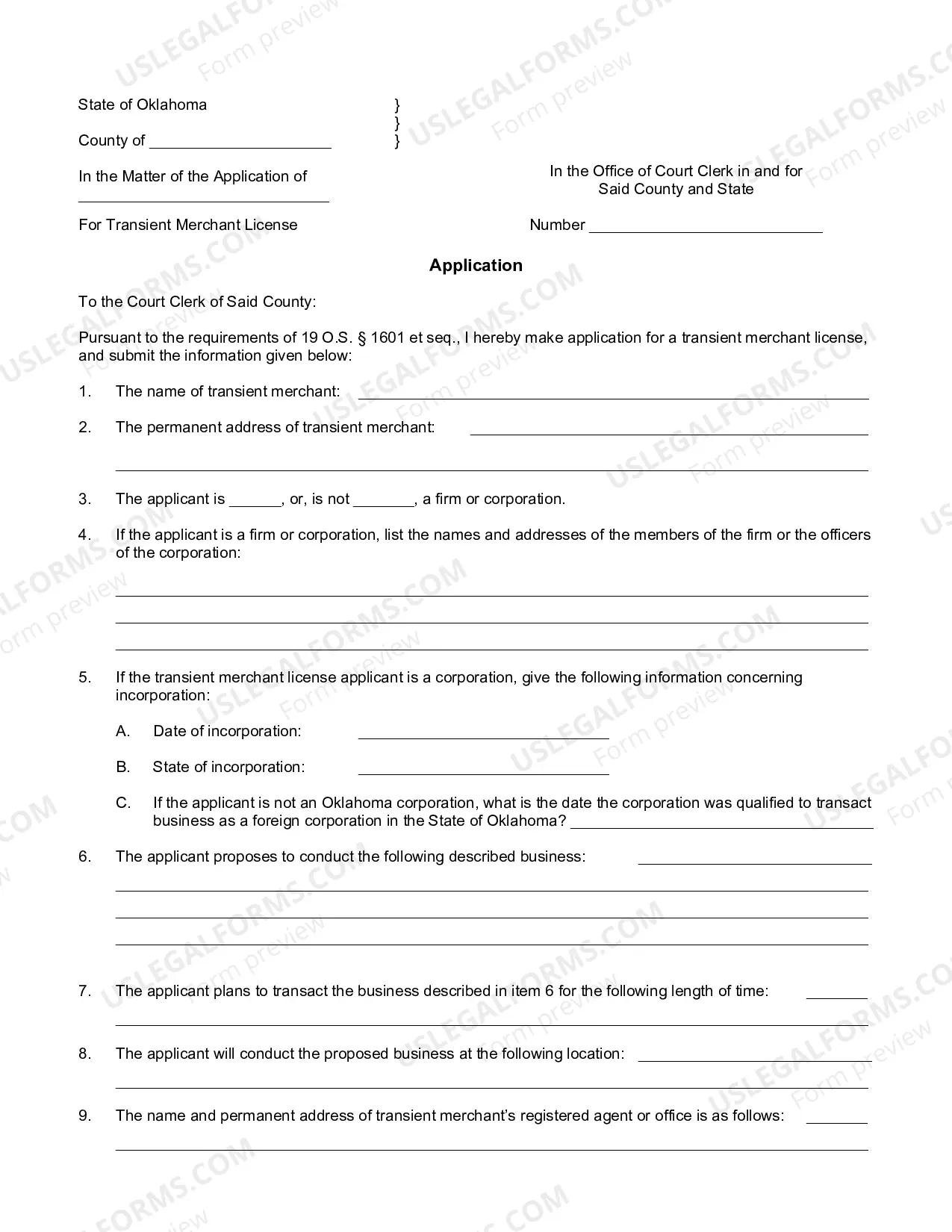 Preview Transient Merchant License Application