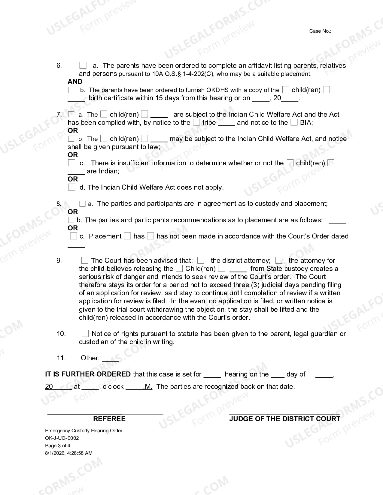 Preview Emergency Custody Hearing Order Committee Notes