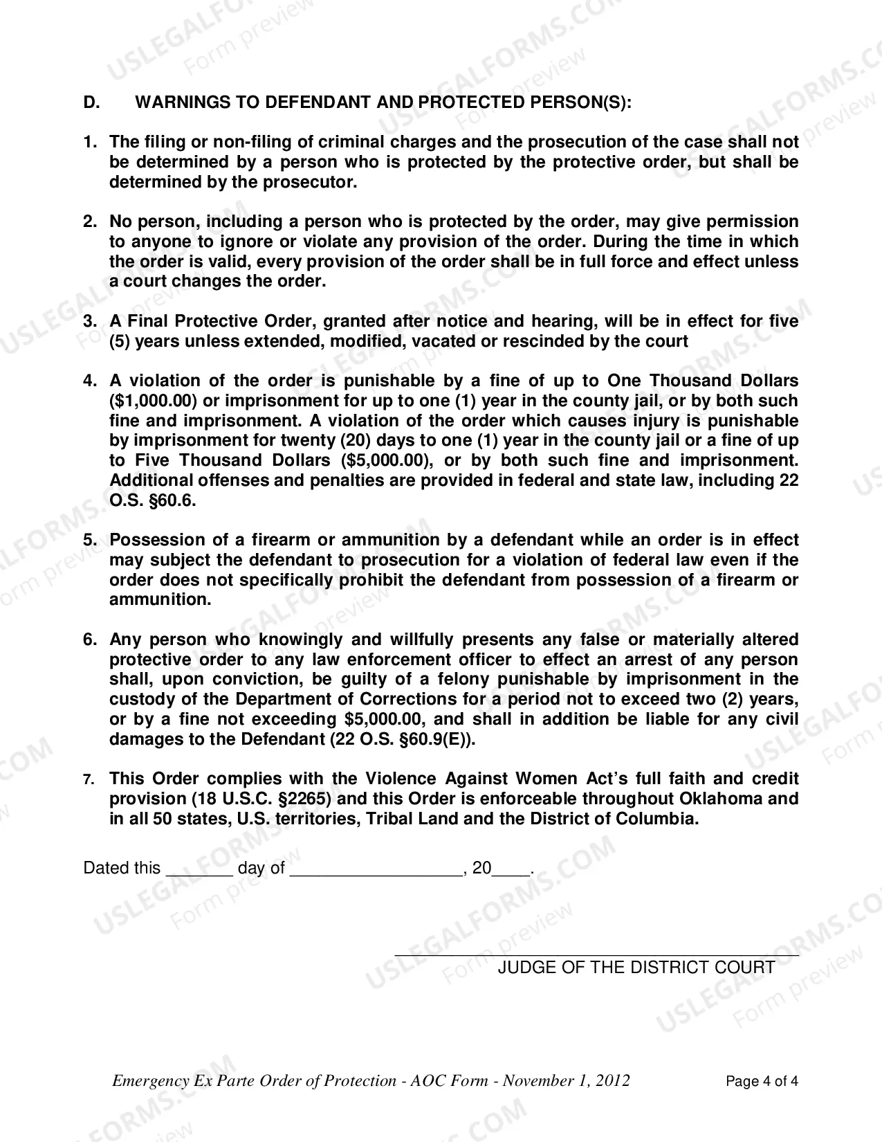 Preview Emergency Order of Protection