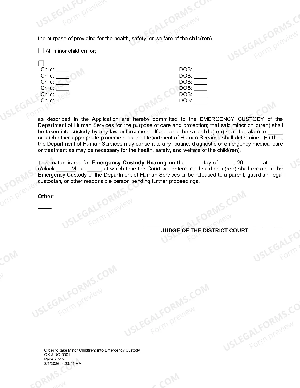 Preview Order to take Minor Children into Emergency Custody
