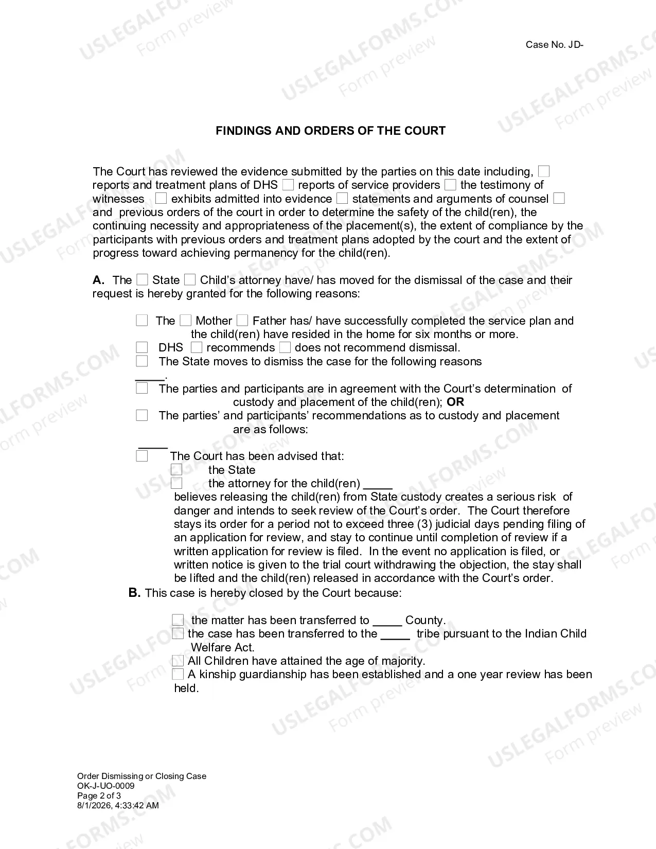 Preview Order Dismissing or Closing Case