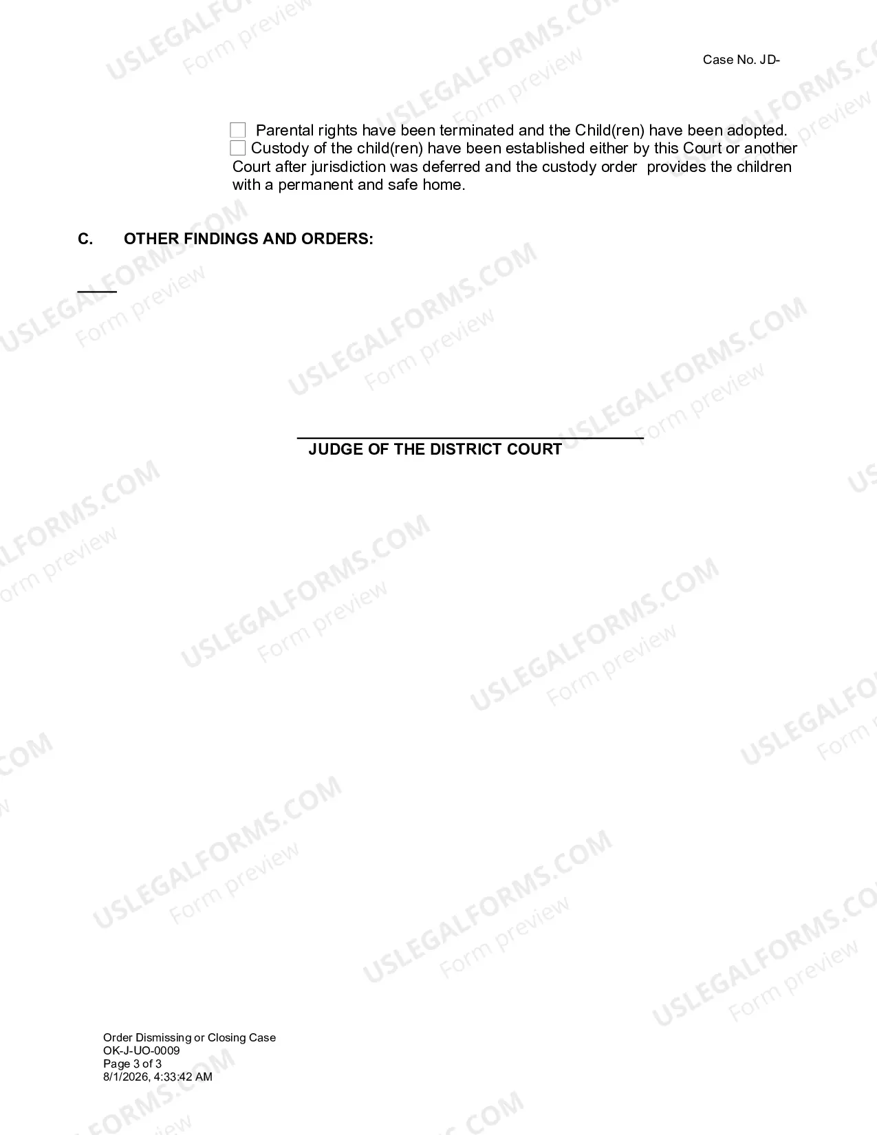 Preview Order Dismissing or Closing Case