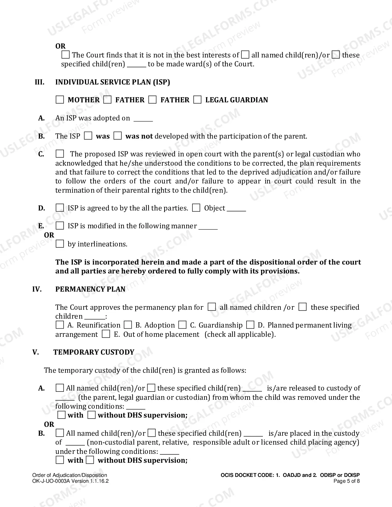 Preview Order of Adjudication / Disposition
