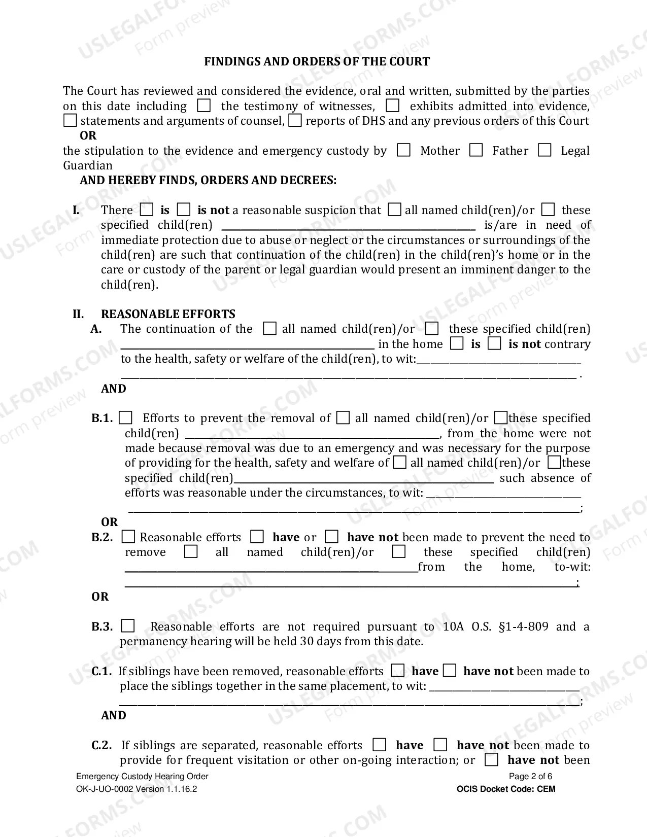 Preview Emergency Custody Hearing Order
