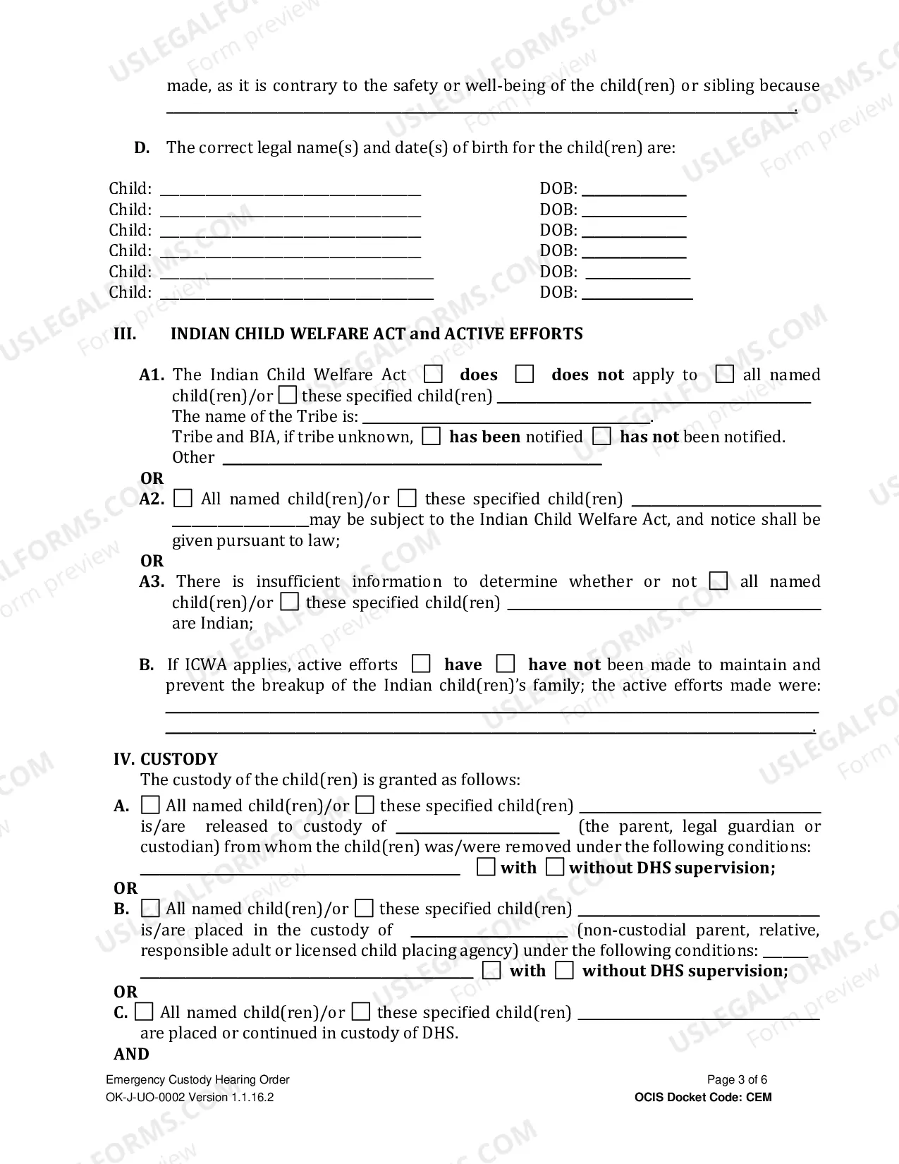 Preview Emergency Custody Hearing Order