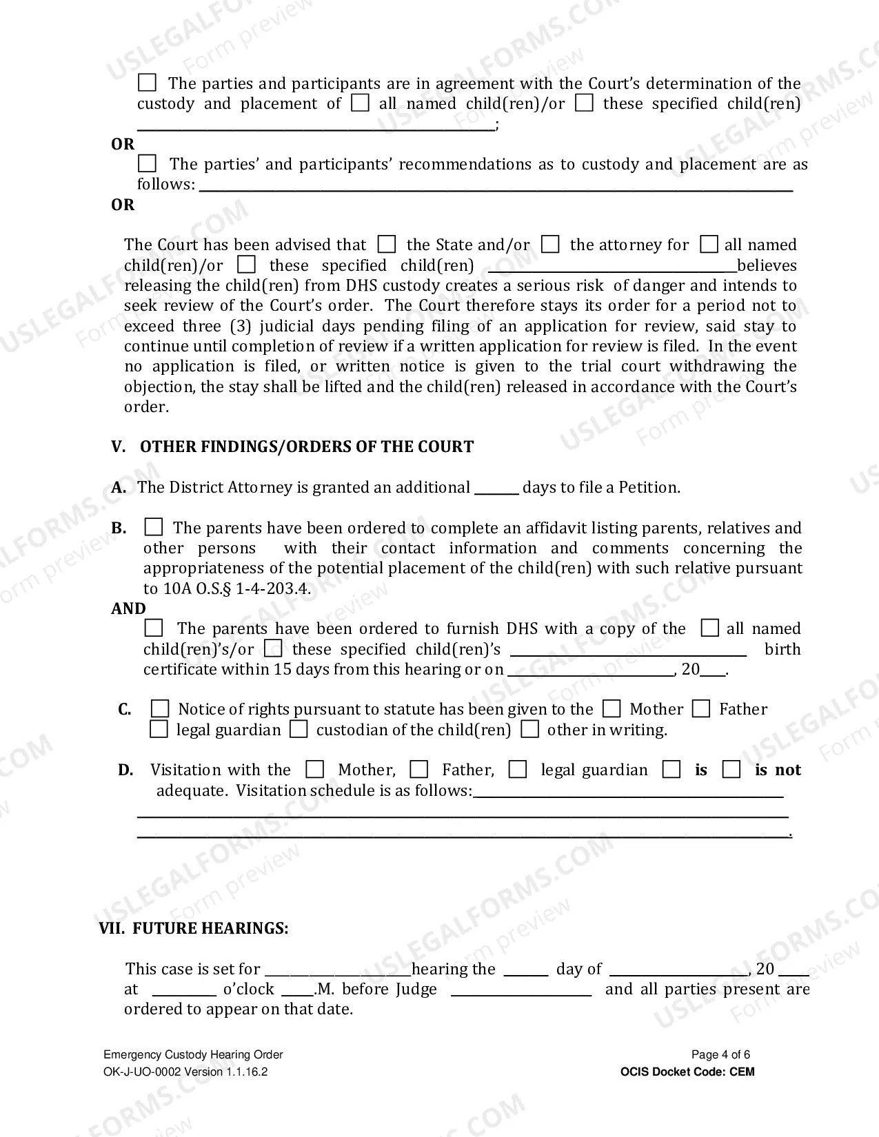 Preview Emergency Custody Hearing Order