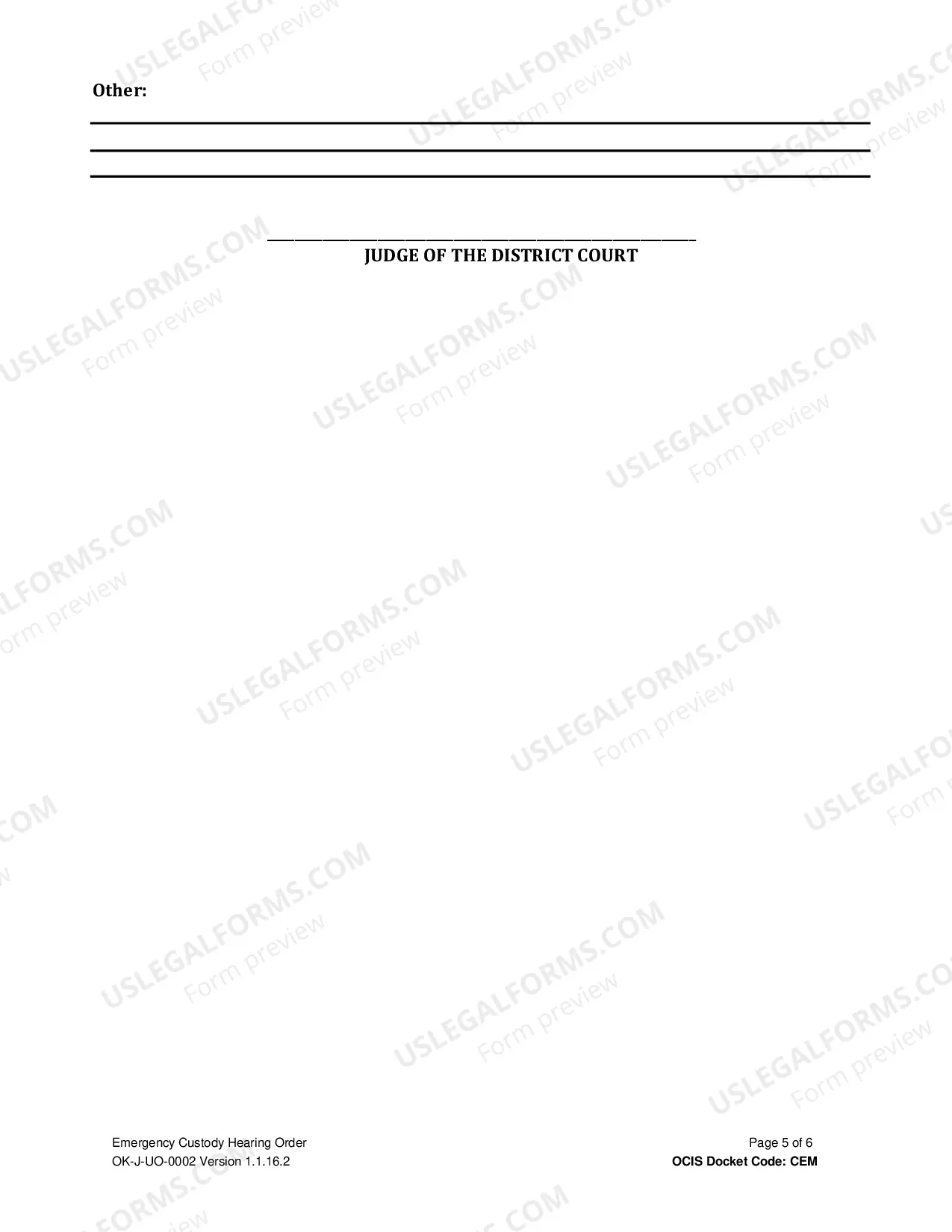 Preview Emergency Custody Hearing Order