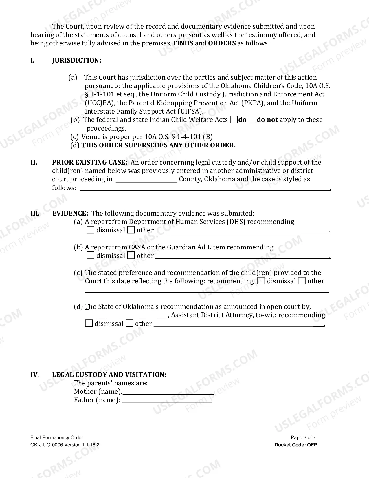 Preview Final Permanency Order (Exit Order)