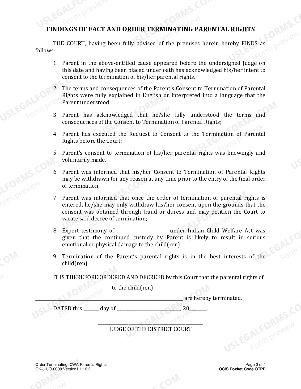 Preview ICWA Compliant Request Consent to Termination of Parental Rights and Court's Findings and Order Termination the Natural Parent's Rights